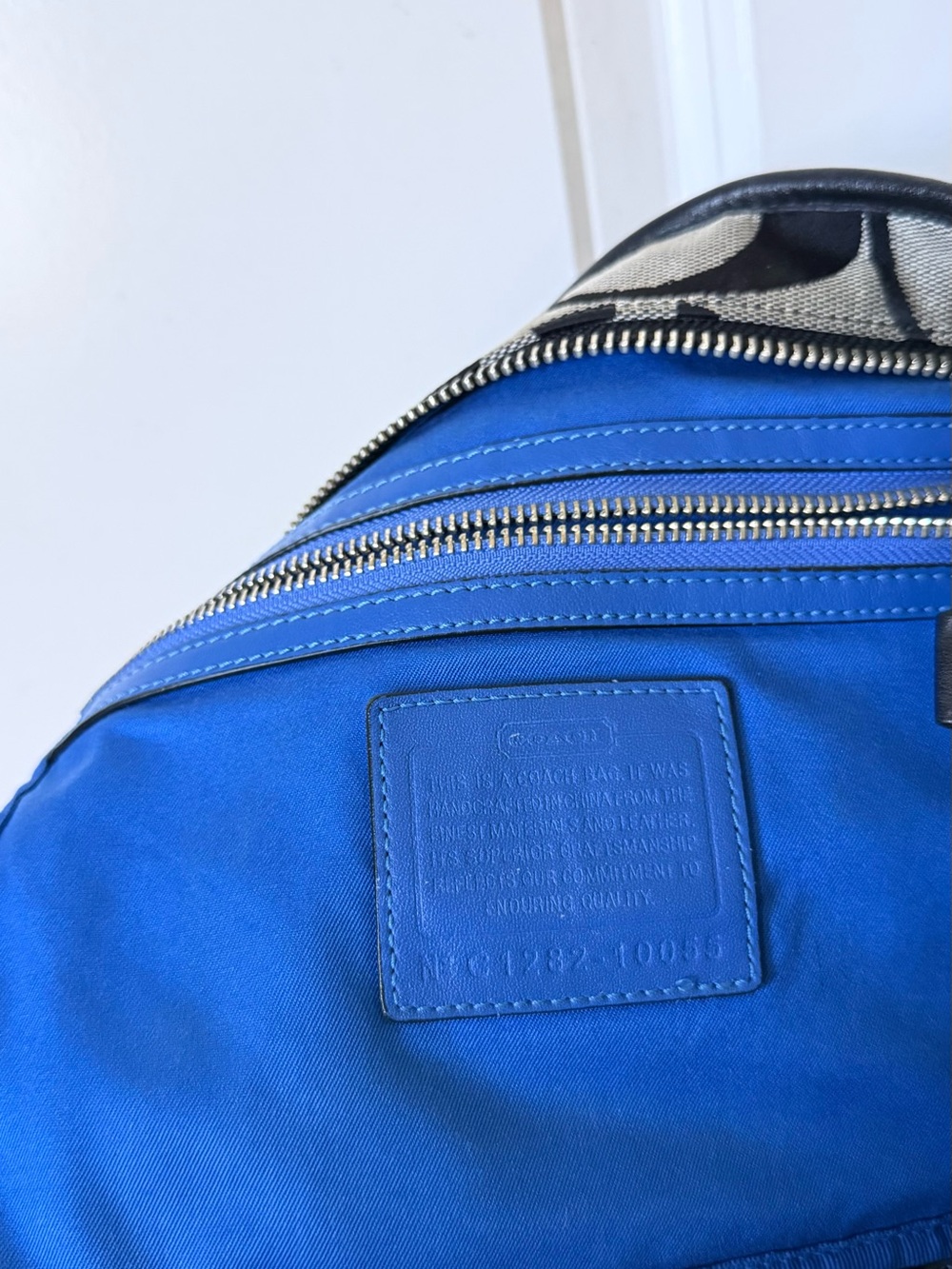 Coach Grey Monogram Shoulder Bag with Blue Stripe and Black Trim - Picture 9 of 12